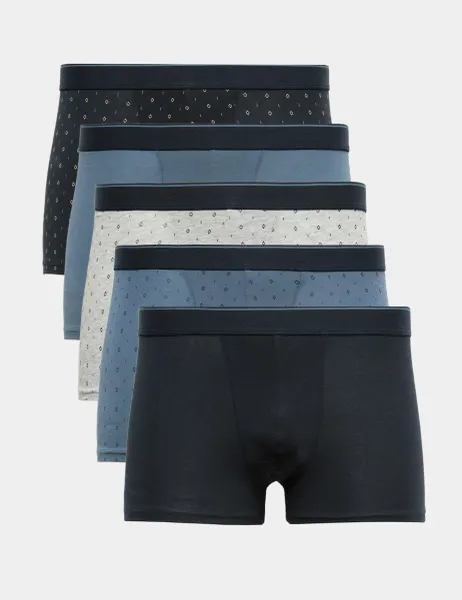 Marks & Spencer 5 Pack Cotton Rich Stretch Print Hipsters Blue Mix
