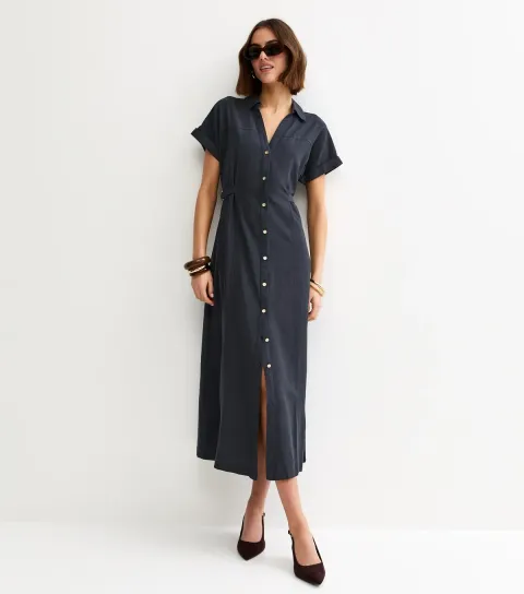 New Look Women's Navy Linen Blend Shirt Midi Dress