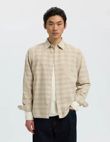 Selected Regular Fit Corduroy Check Shirt Cream Mix