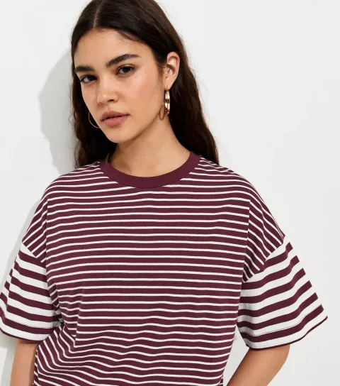 Women's Burgundy Cotton Striped Oversized T-Shirt
