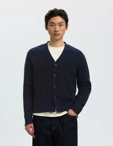 Selected Wool Rich Textured V-Neck Cardigan Navy
