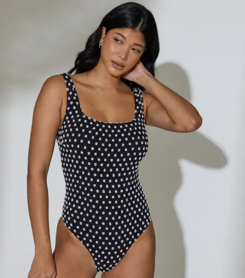 Women's Black Textured Polka Dot Tummy Control Swimsuit