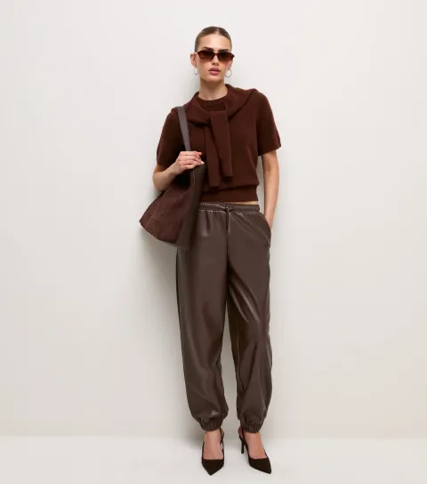 Women's Dark Brown Faux Leather Cuffed Trousers