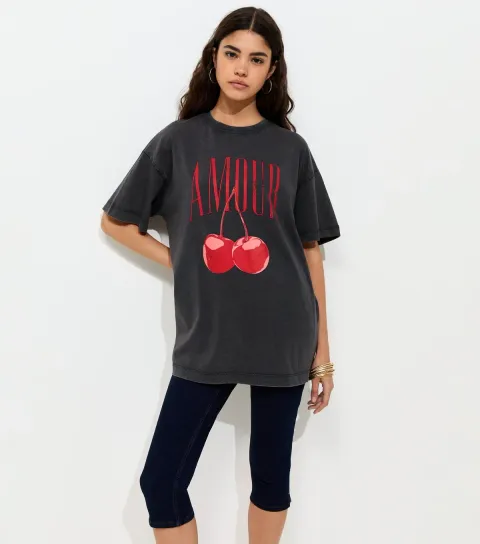 Women's Dark Grey Cotton Amour Cherry Print Acid Wash Oversized T-Shirt