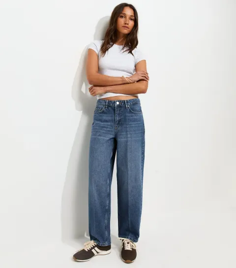 Women's Blue Crease Front Barrel Leg Jeans