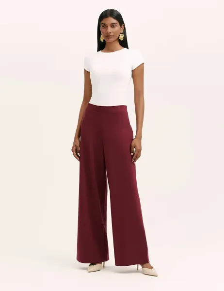 Jersey Elasticated Waist Wide Leg Trousers Burgundy