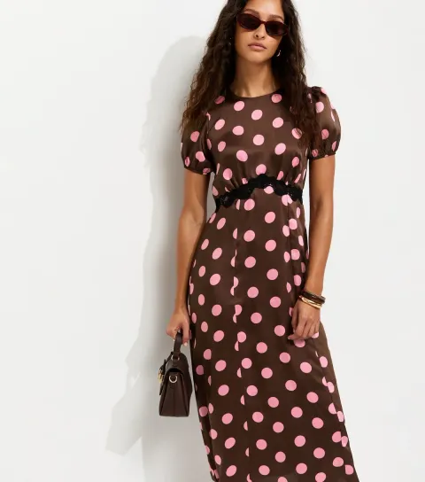 Women's Brown Satin Polka Dot Puff Sleeve Midi Dress