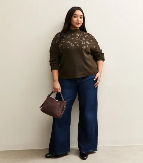 Women's Plus Size Brown Sequin Leopard Knit Jumper Curves