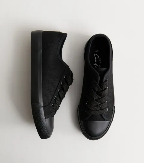 Women's Black Cotton Canvas Lace Up Trainers Vegan