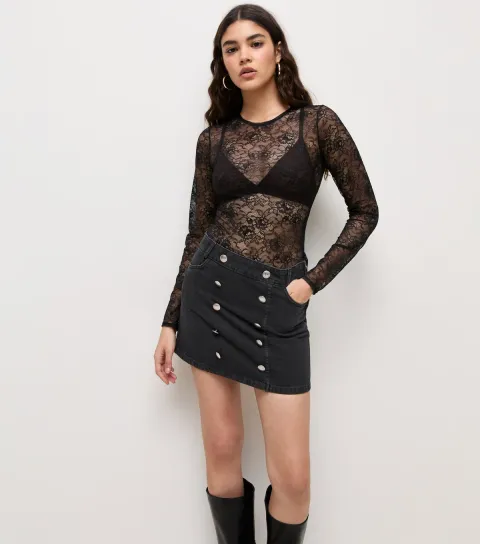 New Look Women's Black Denim Double Breasted Micro Mini Skirt