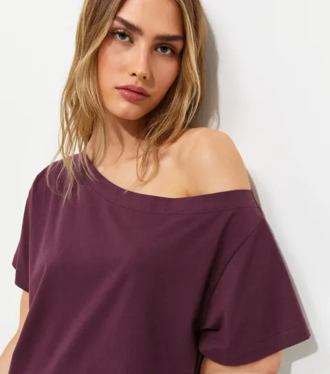New Look Women's Dark Burgundy Cotton Off The Shoulder T-Shirt