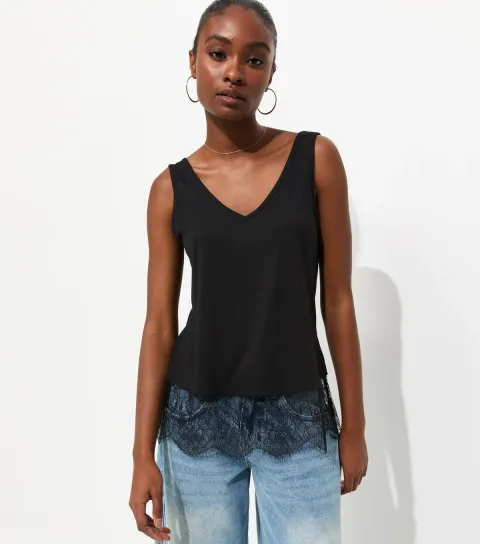 Women's Black Lace Trim Relaxed V-Neck Vest