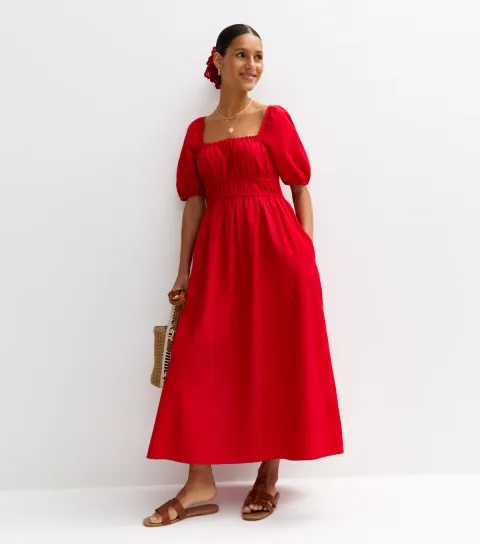 Women's Red Puff Sleeve Midi Dress