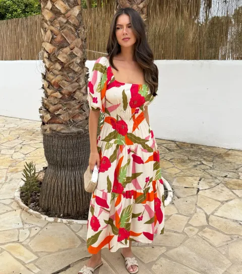 Women's Multicolour Shirred Waist Midi Dress