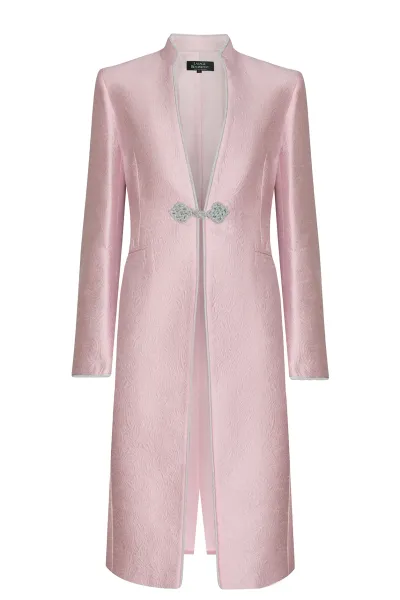 Pale Pink Dress Coat in Silk Brocade with Cord Trim and Frogging - Vicky (Longer Length)