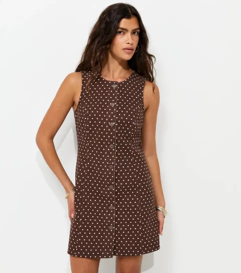 Women's Brown Polka Dot Cinched Denim Dress