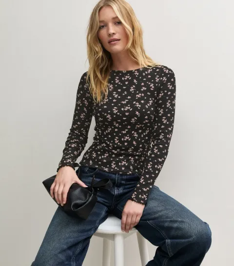 New Look Women's Black Cotton Rich Floral Babylock Long Sleeve T-Shirt