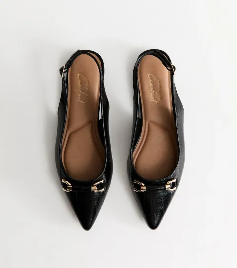 New Look Women's Black Shiny Faux Leather Buckle Detail Slingback Pumps Vegan