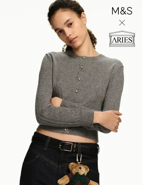 M&S x Aries Pure Cashmere Crew Neck Cardigan Grey Marl