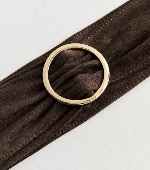 Dark Brown Faux Suede Wide Circle Buckle Belt