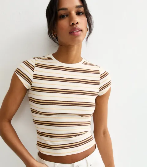 Women's Yellow Cotton Striped Baby Tee T-Shirt