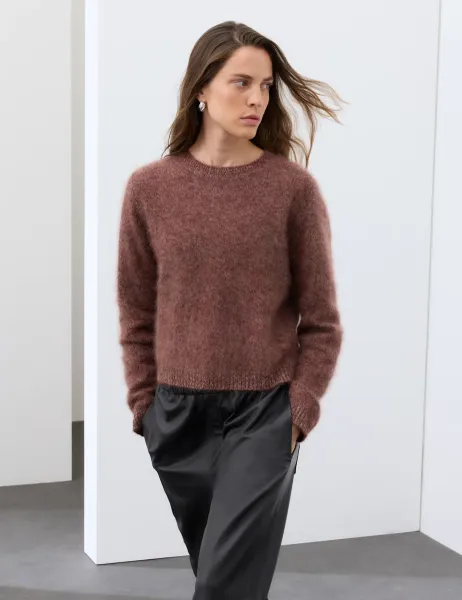 Autograph Pure Merino Wool Textured Crew Neck Relaxed Jumper Brown Mix
