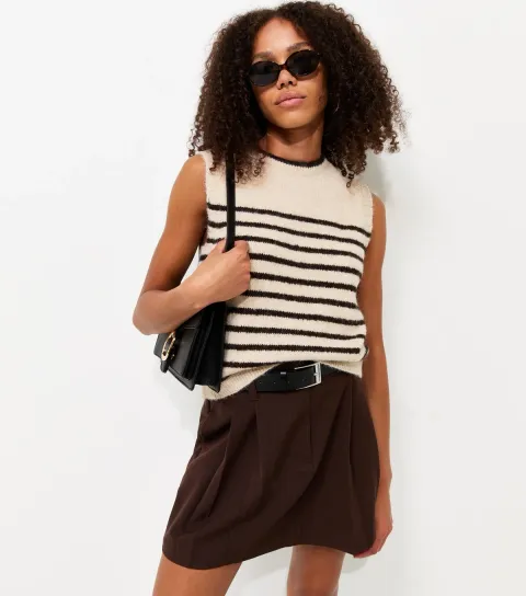 Women's Brown Knitted Horizontal Stripe Tabard Vest
