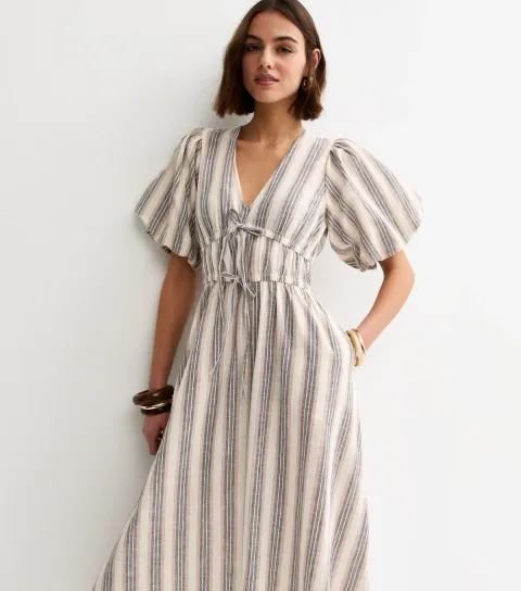 Women's Cream and Blue Stripe Puff Sleeve Midi Dress