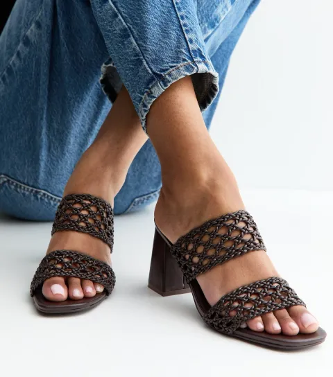 Women's Brown Macrame Strap Block Heel Mules