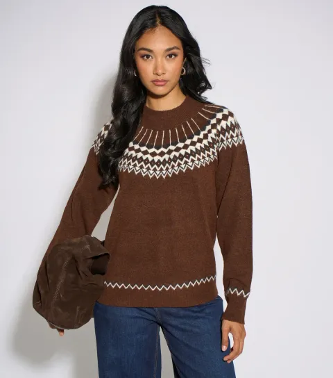 Gini London Women's Brown Fair Isle Knitted Jumper