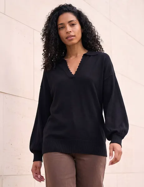 Roman V Neck Scallop Edge Jumper Black