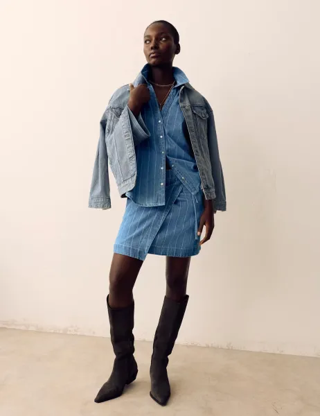 Per Una Denim Striped Mini Wrap Skirt Medium Indigo