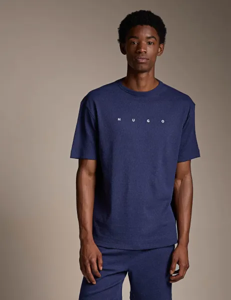 HUGO Cotton Rich Ribbed Logo T-Shirt Navy