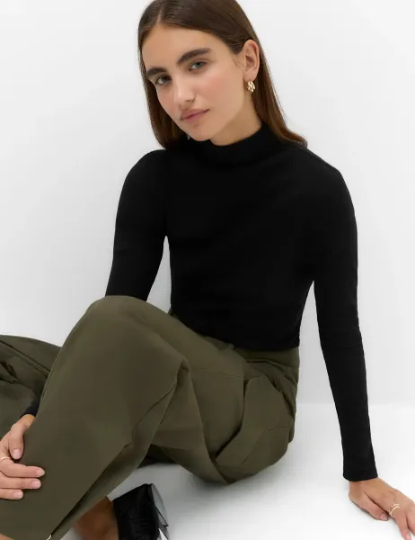 Marks & Spencer Cotton Rich Ribbed Funnel Neck Top Black