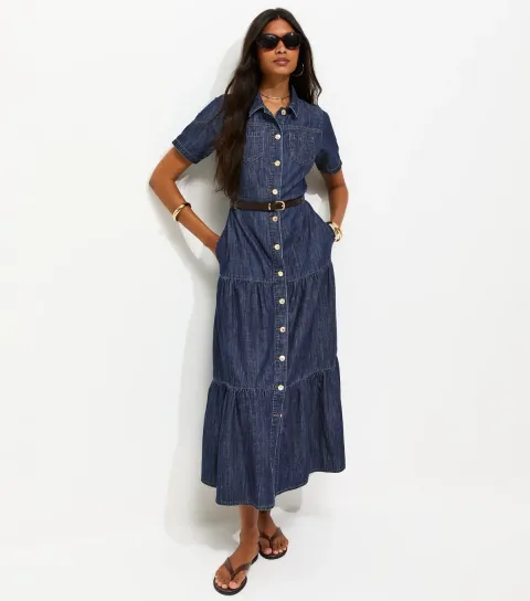 Women's Blue Cotton Short Sleeve Tiered Belted Denim Midi Dress