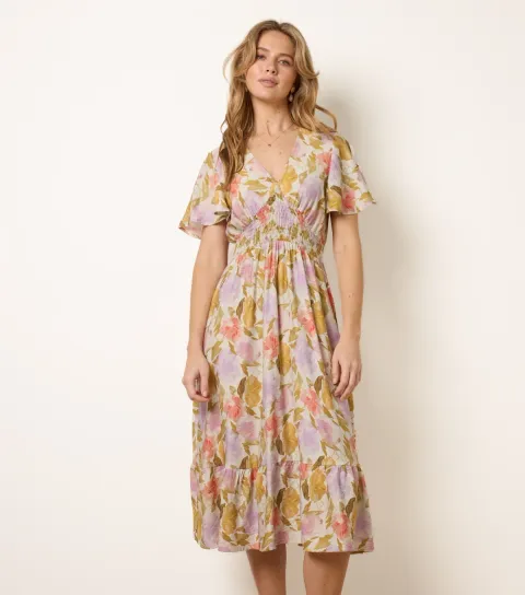Women's Multicolour Floral Print Angel Sleeve Midi Dress