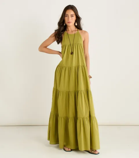 Women's Light Khaki Halter Neck Tiered Maxi Dress