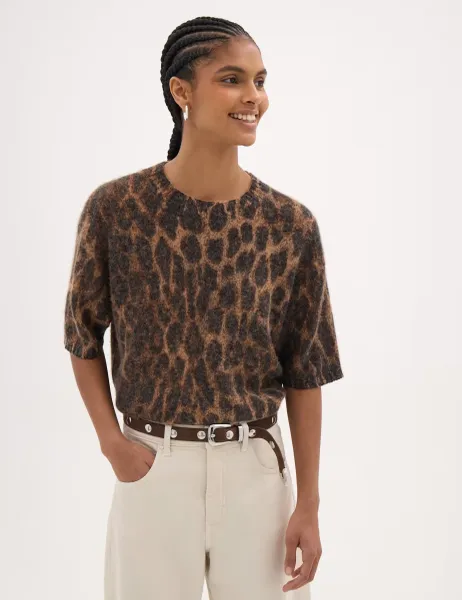 HUSH Alpaca Blend Leopard Print Knitted T-Shirt Brown Mix