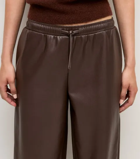 Women's Dark Brown Faux Leather Cuffed Trousers
