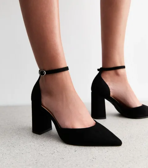 Women's Wide Fit Black Faux Suede Open Court Shoes Vegan