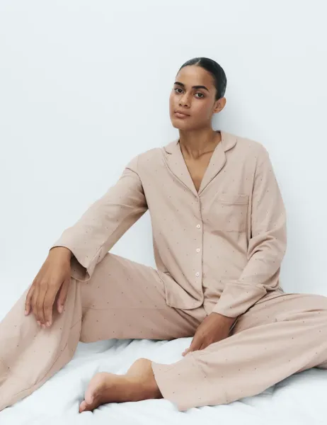 Marks & Spencer Cotton Modal Printed Revere Pyjama Set Fawn