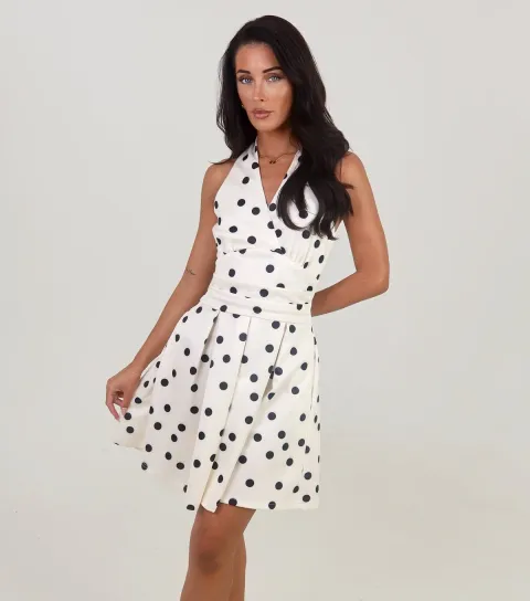 Women's Cream Polka Dot Halter Neck Mini Dress