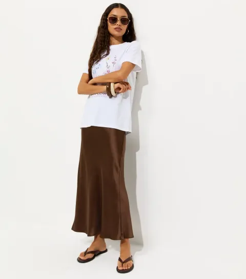 Women's Petite Brown Satin Bias Cut Midi Skirt