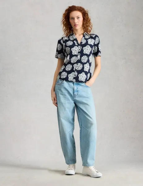 White Stuff Jersey Floral Collared Shirt Navy Mix
