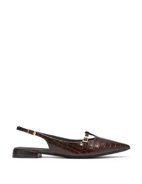 Clarks Leather Croc Ankle Strap Flat Pointed Slingback Shoes Dark Brown