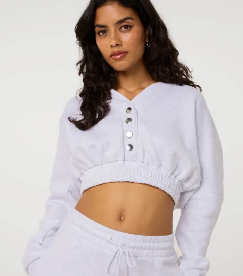 Women's Light Grey Press Stud Cropped Hoodie