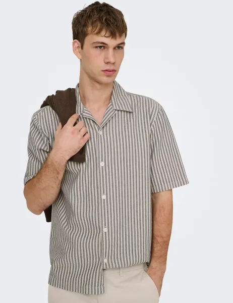 Only & Sons Onsroberts Regular Fit Pure Cotton Striped Shirt Stone