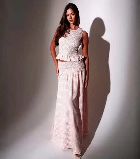 Women's Light Coral Gingham Shirred Maxi Skirt