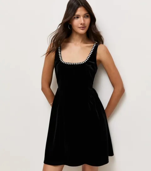 Women's Black Velvet Jersey Diamante Trim Mini Dress