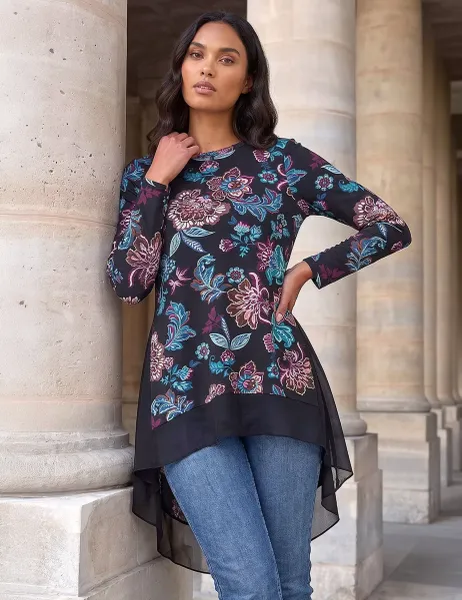 Roman Floral Puff Print Collared Godet Hem Top Black Mix